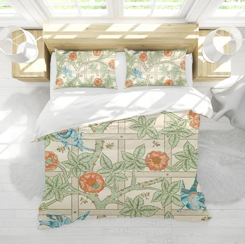 Willam Morris Style Funda de edredón Set 3 Piezas Dos pájaros están sentados en una Rama con Flores Rojas Juego de Ropa de Cama para el Dormitorio con 2 vergüenzas de Almohada 155 x 220 cm