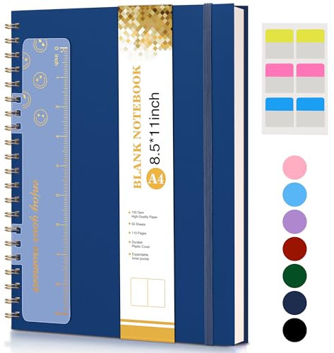 Blank Notebook, Spiral Notebook Journal 8.5” x 11”, A4 Large Blank Notebooks for Women Men, 100 GSM Paper, Plastic Hardcover Spiral Blank Journals for Writing Work School Sketching Business, Navy