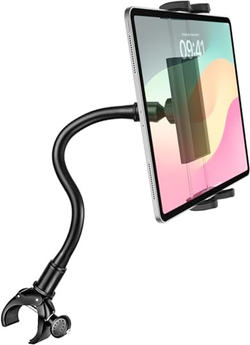 Dosvsi Schwanenhals Indoor Fahrrad Tablet Halterung, 360° Drehbar Fitnessstudio Tablet Halter für Laufband Heimtrainer, Lenker Clip für iPad Pro Air Mini, Galaxy Tab, Z Fold, iPhone, 4~13 Tablets