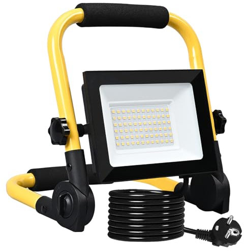 Meision Faretto LED da cantiere, 50 W, 4300 lm, luce bianca calda, 3000 K, con spina + cavo di alimentazione da 3 m, IP66, portatile, per cantieri, officina, garage