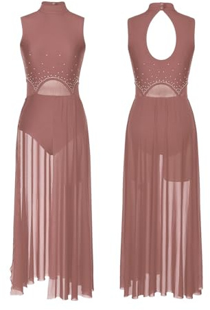 Vestido de Ballet Lírico para Mujer Vestidos de leotardo de danza lírica contemporánea sin mangas for mujer, falda de malla transparente con abertura alta, Bodi for gimnasia y Ballet, Ropa de baile(Co
