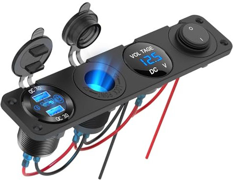 12V USB Steckdose RV-Zubehör Marine Schalttafel Stecker, Dual PD3.0 Auto USB Anschluss Aluminium Ladegerät, 150W Zigarettenanzünder-Steckdose, Blauer LED-Spannungsmesser und Kippschalter DIY-Bausatz