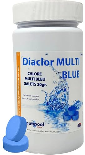 Chlore Multi Blue Pastilles de 20g Multifonctions - Traitement Tout-en-Un pour Piscine - Désinfectant, Algicide, Stabilisant, Clarifiant - Maintient l'eau Transparente et cristalline (1KG)