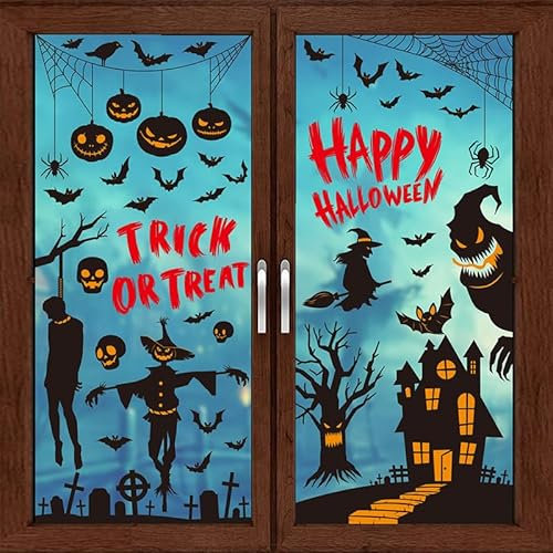 Halloween Fensteraufkleber, 87 Stück Halloween Fensterbilder mit Hexen, Fledermaus, Spinne und Gespenstermotiven, 9 Blatt Halloween kleine Fenstersticker, Halloween Deko für Glas,Wand,Spiegel,Party