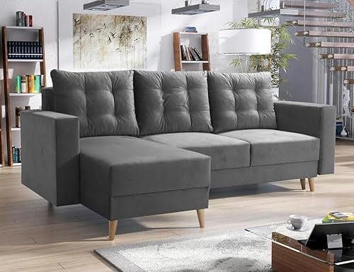 Easy4You Ecksofa Bergen Grau L-Form – 235x90x145 cm - Schlafsofa mit Bettkasten und Schlaffunktion - Eckcouch mit Stauraum und Holzfüße, Kissen – Stoff Paros 06