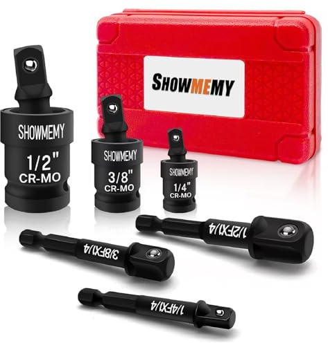 SHOWMEMY Swivel Socket Set, 3 Pcs Impact Swivel Socket Set with 3 Pcs Impact Socket Adapter, Wobble Socket, Impact Grade Universal Joint, Cr-Mo Steel, 1/4-Inch, 3/8-Inch, 1/2-Inch Drive/Adapter