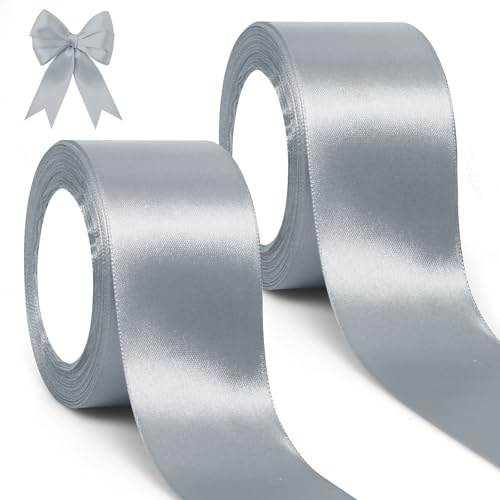 GXFCING Satinband silver 50 mm, 46 meter presentband brett band i silver, tygband, dekorband för presentförpackning, dop, födelsedag, bröllop, jul
