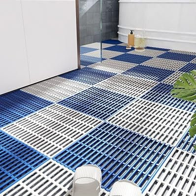 Rutschfeste Bodenmatten aus thermoplastischem Elastomer (TPE), ineinandergreifend, 30 x 30 cm, mit Spleißstreifen, wasserdichte Matte für Abfluss, Pool, Dusche, Bad, Küche (blau + weiß), rutschfest, 4