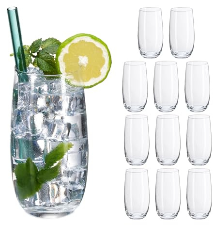 Relaxdays Vasos de Cristal, Juego de 12, Aptos para Lavavajillas, para Zumo, Cubata o Cocteles, 520 ml, Transparentes