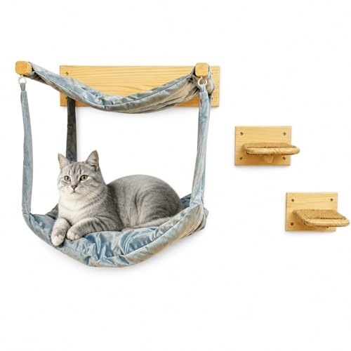 myHANA Kletterwand für Katzen aus Massivholz – inkl. 2X Katzentreppe & Hängematte | Katzenmöbel Set Wand | Katzenbett & Kratzbaum Wandmontage | Jetzt entdecken!