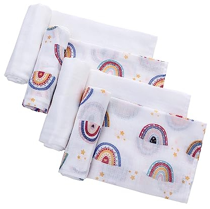 LAT Muslindukar för baby, 4-pack 70 x 70 cm baby muslin fyrkanter rapdukar för nyfödda, 100 % bomull mjuka och andningsbara tvättlappar muslin linda filt för nyfödda (stjärnor + vit)