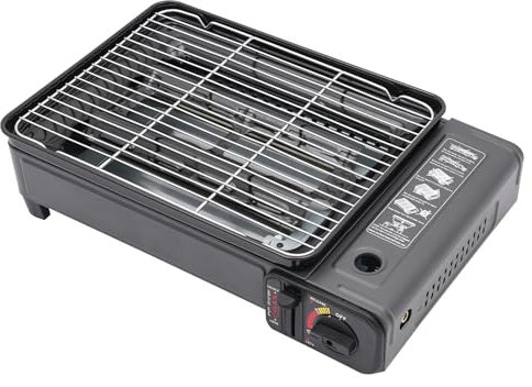 Set di barbecue a gas portatile da campeggio in metallo con 2 connettori a gas, potenza di fuoco regolabile fornello da campeggio con dispositivo di accensione piezoelettrico, fornello a gas butano da