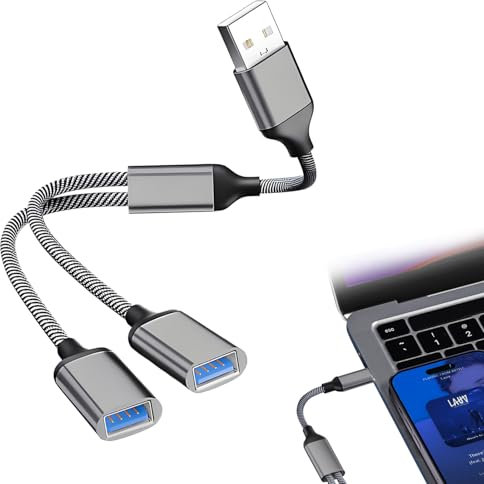 Eophmi USB Splitter 2 Port Double Female to Male Cable for PS4, PS5, Laptop, Mac, Car, Tablet - Black (Gray)