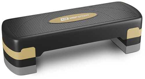 HOP-Sport® Step de Fitness HS-PP033AS pour la Maison, Stepper d'aérobic avec Hauteur Ajustable 3 marches, Surface antidérapante, Supportant Une Charge jusqu'à 350KG, Noir/Doré
