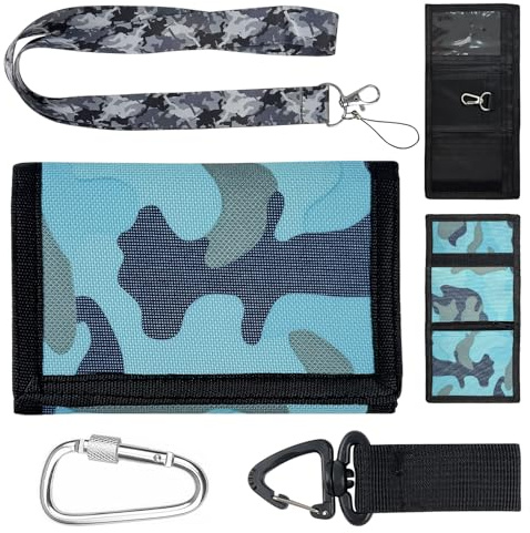 JRJRN Lona de Camuflaje Deportes Monedero, Trifold Camo Monedero con Correa de Camuflaje para Teléfono + Hebillas de Senderismo, Cartera Niño Camuflaje para Niños