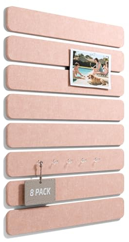 Fluxynara Filz-Pinnwand Streifen als Korkplatten-Alternative, 8 Stück, 33 x 5 cm, selbstklebende Fotowand mit 50 Reißzwecken für Homeoffice und Schlafzimmertür (Rosa)