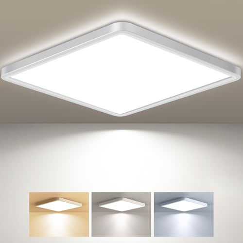 zemty Deckenlampe LED Deckenleuchte Flach, 3Farben - 3000K/4000K/6500K, IP44 Wasserfest Quadrat Badlampe Decke, 4000LM Modern LED Decklit für Flur küche Badezimmer Schlafzimmer Büro, Ø42CM