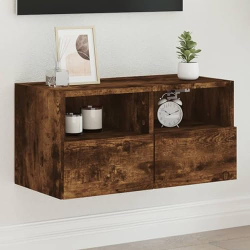 ZXDTVFGN Wall Cabinet, Mounted TV Unit, Kitchen Bedroom Floating Cabinet with Pull-Down Door & Open Cubes, Under Shelf for Living Room (Smoked Oak)