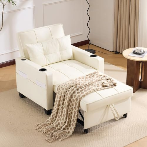 Divano letto singolo convertibile, divano letto estraibile, con portabicchieri e porta USB, divano convertibile letto poltrona, ideale per piccoli spazi (bianco)