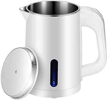 Hervidor eléctrico pequeño de acero inoxidable de 0.6 L, portátil de viaje, mini calentador de agua caliente para viajes de negocios, camping, viajes, oficina (blanco)