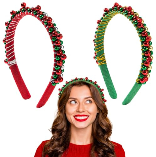2 Haarreif Weihnachten Erwachsene, Weihnachts Haarreifen mit Glöckchen Kopfschmuck Haarschmuck Kopfbedeckung, Weihnachtsstirnband Weihnachtshaarreifen Rot Grün, Kleinigkeiten Adventskalender Füllung