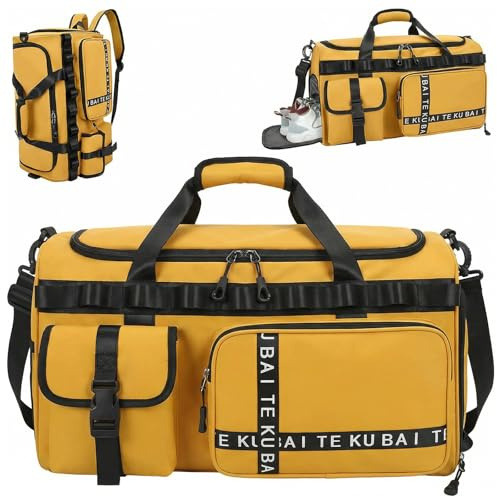 Sporttasche Reisetasche für Damen und Herren, Groß 65L Sporttaschen mit Schuhfach & Nassfach, Large Capacity Reise Tasche Gym Bag, Travel Schwimmtasche Übernachtung Tasche (Gelb)