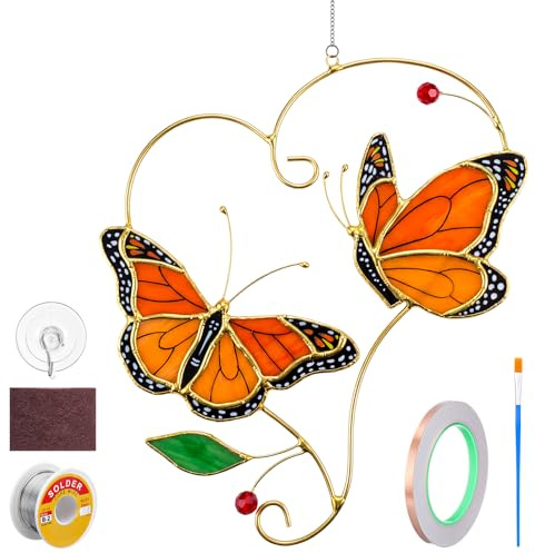 LemonRoad Monarch Butterfly Pre Cutting Stained Glass Craft Kit, Butterfly Suncatcher Window Hanging Ornament Make Your Own Glass Project for Mom Grandma Women Gifts Home Decor