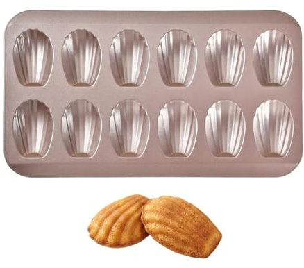 iQikai Nonstick Madeleine Pan, 12-Cavity Heavy Duty Madeleine Cookies Trays for Oven Baking, Warp Resistant Shell Shape Madeleine Mold Cake Pan (Champagne Gold)