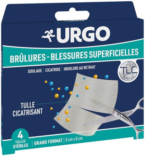 Urgo Tulles Brûlures Blessures superficielles 8x8cm x4 | Soulage et cicatrise la plaie Retrait sans douleur Technologie brevetée