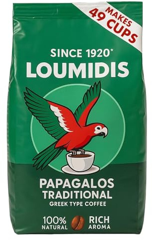 Loumidis Papagalos Traditional Greek Ground Coffee, 490g Bag | Roasted Beans for a 100% Natural, Full Bodied Intense Flavour & Rich Aroma | Use with a Briki Pot for an Authentic Mediterranean Brew