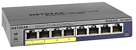 NETGEAR 8-Port Gigabit Ethernet Smart Managed Plus PoE Network Switch, Hub, Internet Splitter (GS108PE) - with 4 x PoE @ 53W Upgradeable, Desktop/Rackmount, and ProSAFE Lifetime Protection, Black