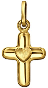 CLEVER SCHMUCK Pendentif en forme de petite croix dorée pour enfant - 11 mm - Brillant - Avec mini cœur au milieu mat - Or 333 8 carats - Dans un étui en forme de croix, Brillant, Sans pierre.