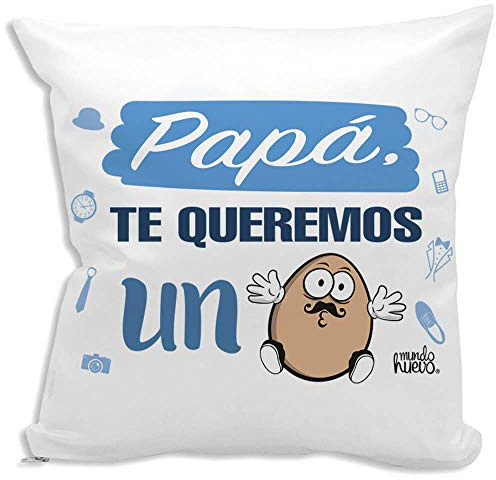mundohuevo Cojin Decorativo, Original y Personalizado Padres. Incluye Relleno. Papa te Queremos un Huevo. 42,5 X 42,5 cm. Cojines con Agradable Tacto de Algodon.