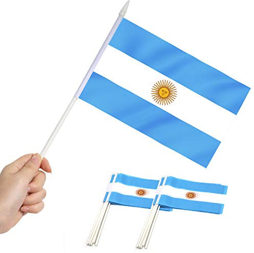 Anley Argentina Miniature Flag - Mini Banderas argentinas de 5 x 8 Resistentes a la decoloración y Colores Vivos - Bandera de Mano de 5x8 Pulgadas con mástil Blanco de 12 y Punta de Lanza