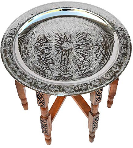 Orientalischer Tisch, aus Versilbertem Messing Tablett, Zedernholz Gestell Ø 50 cm für Ihre Wohnzimmer | Antik Vintage Marokkanischer Beistelltisch Tisch Sofatisch 100% traditionelle Handarbeit