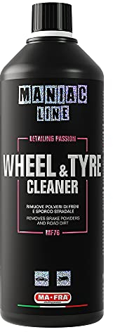 Ma-fra, Maniac Car Detailing Line, Wheel & Tyre Cleaner, Detergente 2in1 per la Pulizia di Cerchi e Gomme Auto, Rimuove Polvere Freni e Sporco Stradale da Cerchi in Lega e Pneumatici, Formato 1000ml