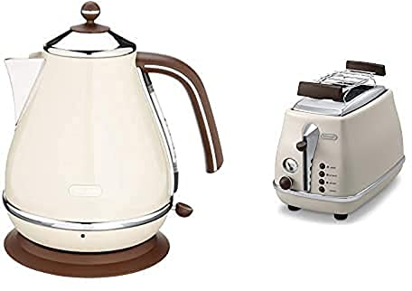 De'Longhi Toaster Icona Vintage CTOV2103.BG - 2-Schlitz-Toaster mit Brötchenaufsatz, Edelstahl in elegantem Retro Look mit Chrom-Details, beige & Wasserkocher Icona Vintage KBOV2001.BG - 1,7 l, beige