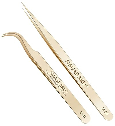 NAGARAKU Wimpernpinzette Set 1 Paar Professionelle Präzisionspinzette Edelstahl Nagelpinzette Leichte Dünne Gerade und Gebogene Goldpinzette Separier & Mega Volumen Fächer Pinzette(M-01&M-02 Tweezer）