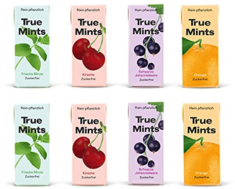 True Gum True Mints - 8er SET | PROBIERSET | 2x Frische Minze | 2x Schwarze Johanisbeere | 2x Kirsche | 2x Orange - pflanzliche und zuckerfreie Pastillen, 8 x 13g
