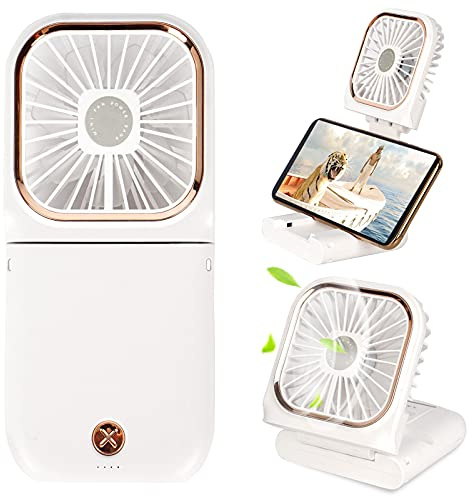 Portable Mini Fan Small Battery Operated Fan 5 in 1 as Power Bank,Phone Holder,Handheld Fan,Desk Fan, USB Rechargeable Personal Hand Fans,3000 mAh Power Bank,3 Speed Adjustable, Neck lanyard, White
