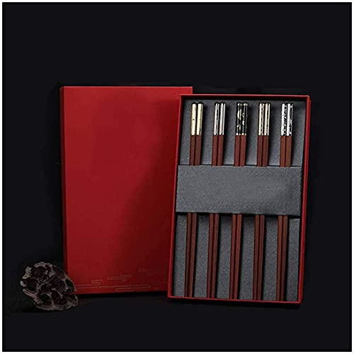 ZHANGZONG Bacchette Bacchette Cinesi Bacchette Sushi Set Regalo di 5 Paia di Bacchette di Drago Cinese in Legno Naturale, con Scatola di stoviglie Antiscivolo, Lavabile in lavastovigli