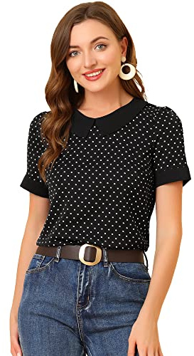 Allegra K Damen Kurzarm Bubikragen Punkte Oberteil Vintage Polka Dots Elegant Top Bluse Schwarz M