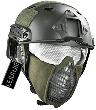 PJ Typ Tactical Multifunktionaler Airsoft Fast Helm mit Faltbarem Gehörschutz Stahlnetz Maske und Schutzbrille