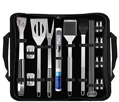 XIXIDIAN 20pcs. BBQ Werkzeuge Geschenkset for Männer Vati, Edelstahlgrillset mit Thermometer, Grillen Zubehör Kit in tragbarer Tragetasche for Camping