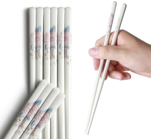 IQCWOOD 5 Pairs Ceramic Chopsticks, Bone China Chinese Reusable Chopsticks Dishwasher Safe, 9 1/2 Inches