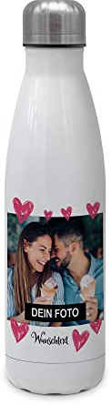 PhotoFancy® - Personalisierte Trinkflasche 'Herzen' - Thermo-Trinkflasche mit eigenem Foto selbst gestalten - Thermosflasche aus Edelstahl - 500 ml - Layout Herzen