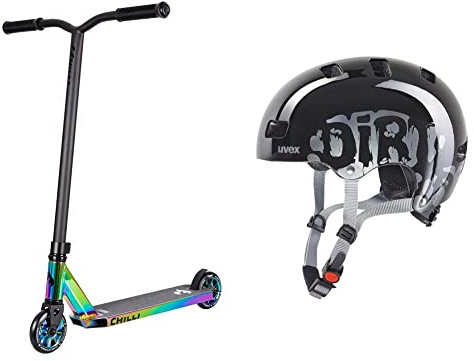 Chilli Scooter Rocky neochrome Stuntscooter | ideal für Anfänger | 110mm PU Rollen inkl. ABEC 9 Kugellager | Stunt Roller direkt für die Rampe & Uvex Kinder Fahrradhelm Kid 3,Dirtbike Black,51-55 cm