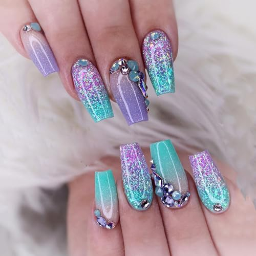 Ceboic French False Nails, 24Pcs Medium Length Coffin Press on Nails, Shiny Glitter Purple Blue Rhinestone Stick on Nails for Women and Girls