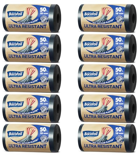 Bacofoil Ultra Resistant Bin Liners with Drawstring Handles 50L - Leak-Proof and Tear Resistant Bin Bag with Ultra Protection Technology (10 Rolls, 100 Bags)…