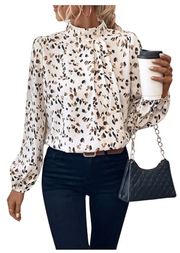SweatyRocks Blouse Women's Elegant Long Sleeve Blouses Shirt Blouse Stand-Up Collar Top with Flowers Long Sleeve Shirts with All-Over Pattern, White, S